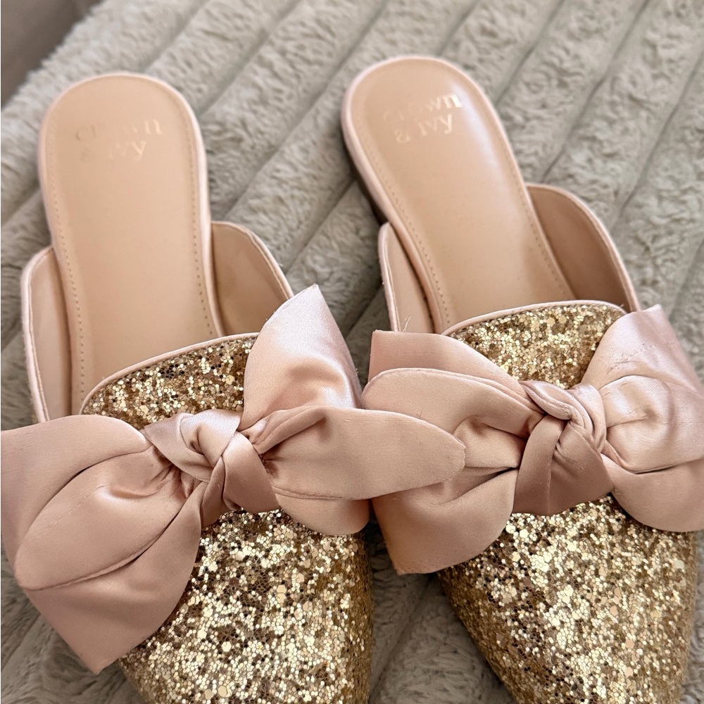 Crown & Ivy Gold Glitter Mules with Blush Bow